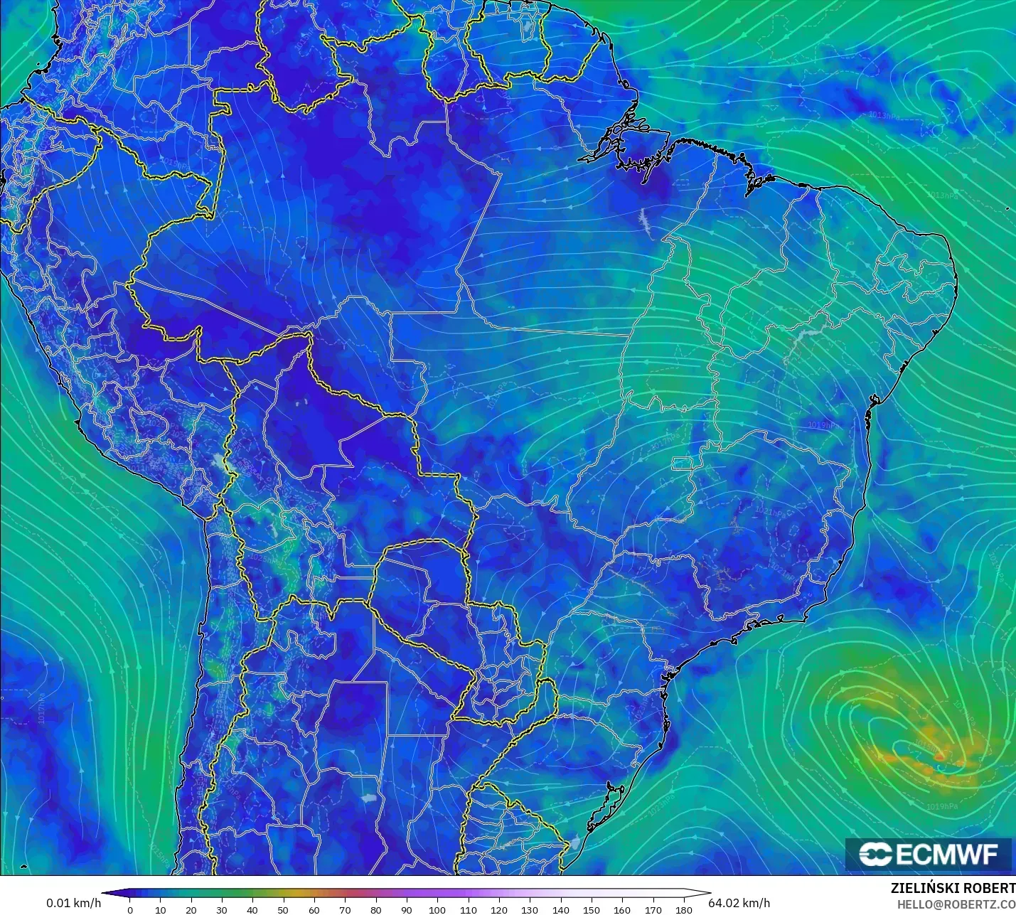 ECMWF IFS 0.25° モデル - ブラジル, 風速（10m）
