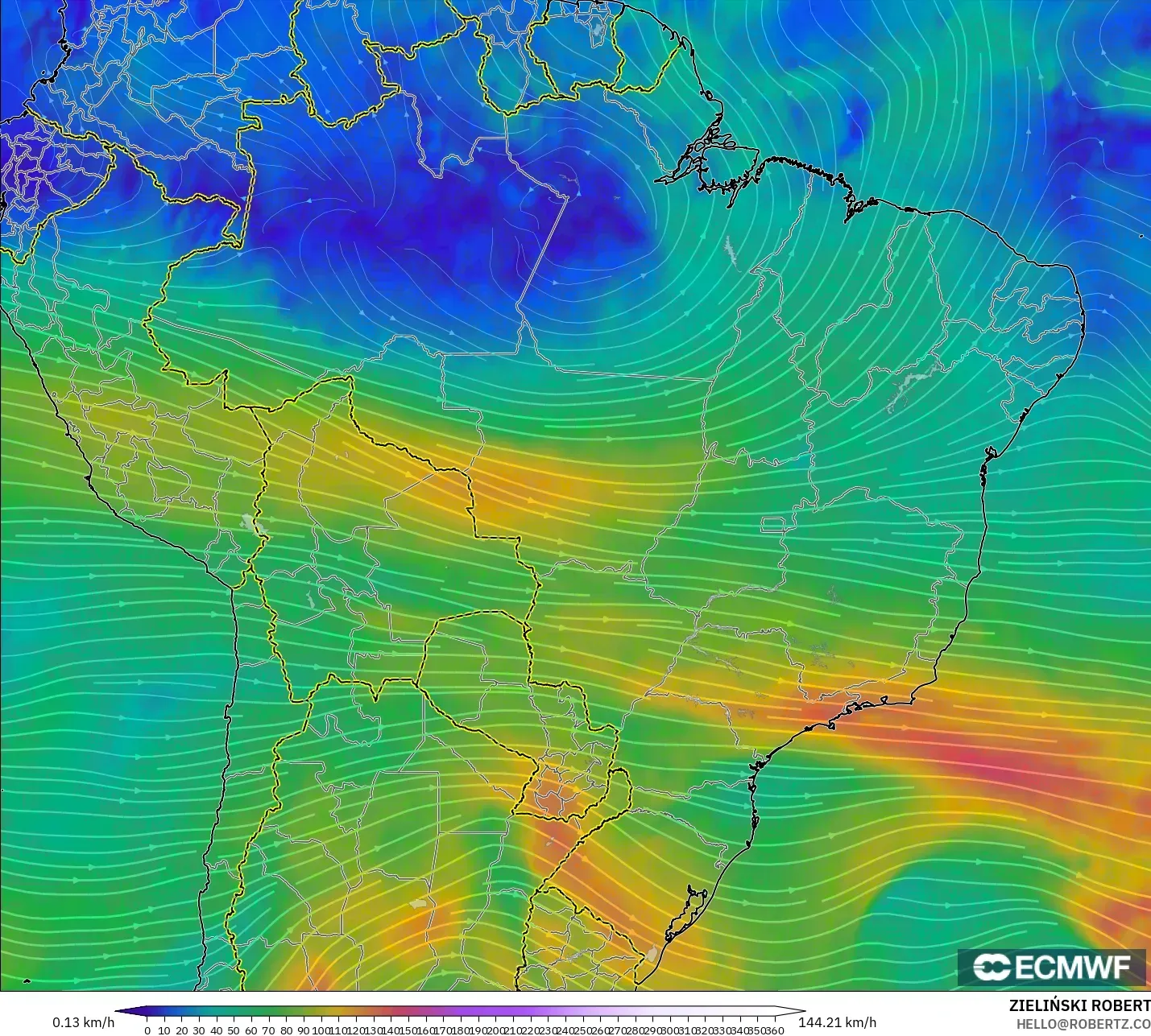 ECMWF IFS 0.25° モデル - ブラジル, 風速（300hPa）
