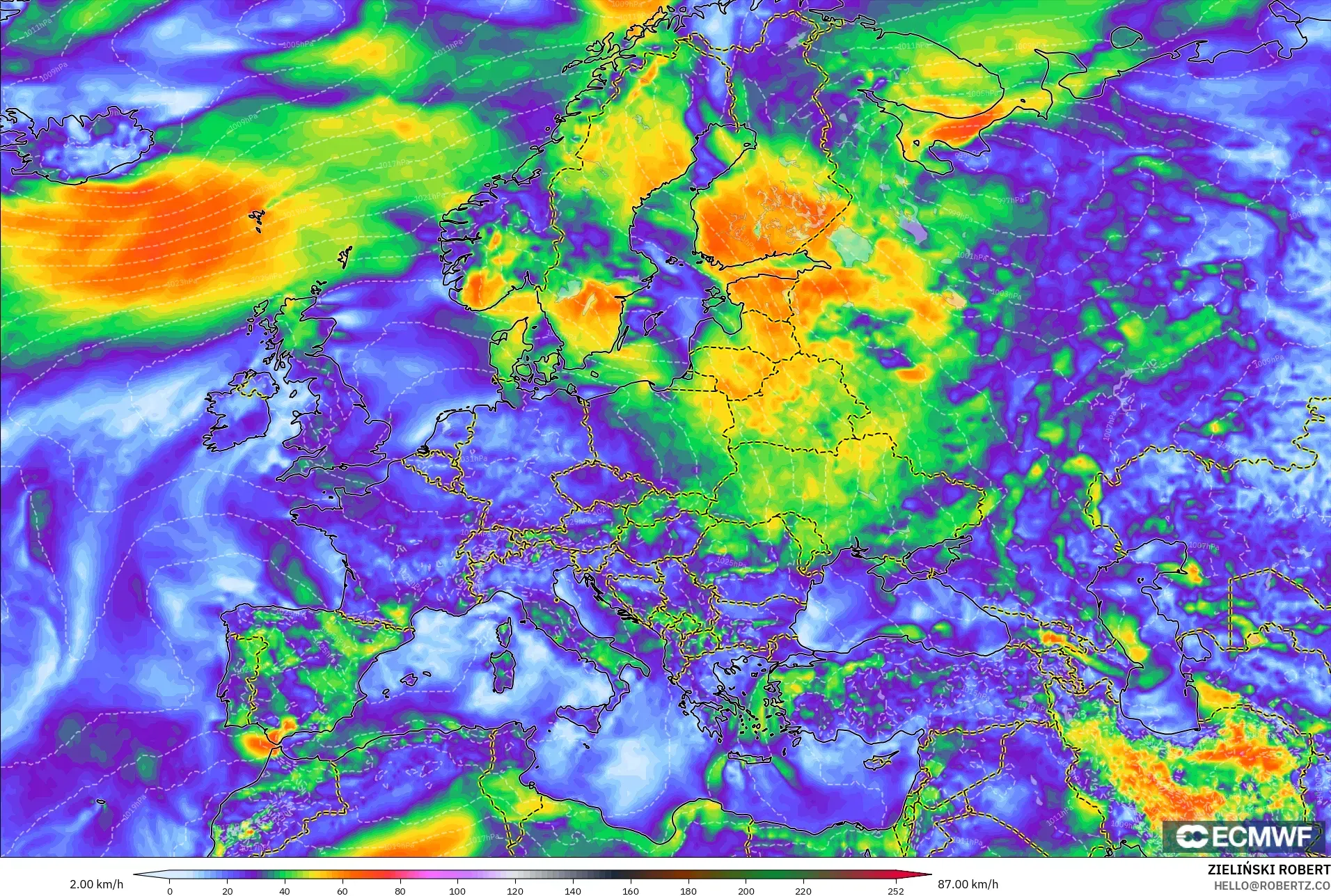 ECMWF IFS 0.25° モデル - ヨーロッパ, 突風（最大）