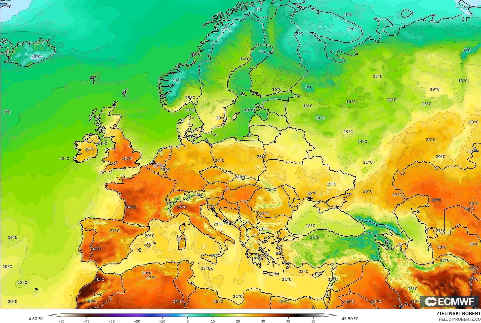 ECMWF IFS 0.25° モデル - ヨーロッパ, 気温（2m）