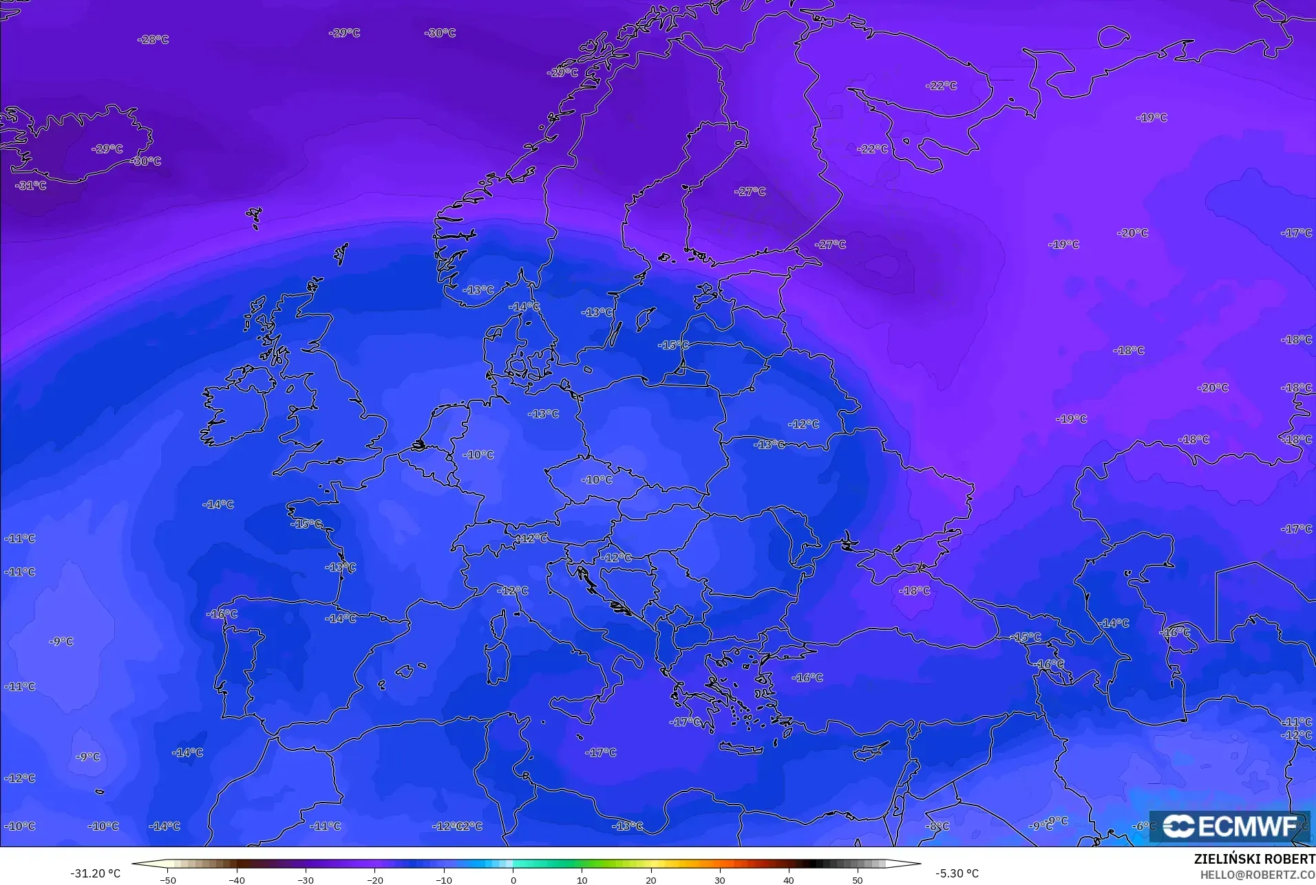 ECMWF IFS 0.25° モデル - ヨーロッパ, 気温（500hPa）