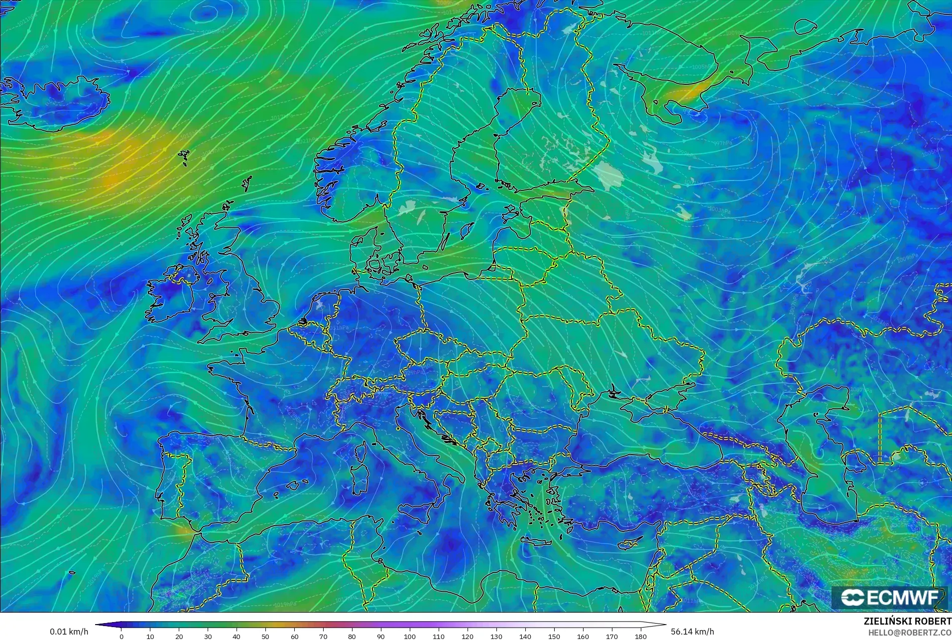 ECMWF IFS 0.25° モデル - ヨーロッパ, 風速（10m）
