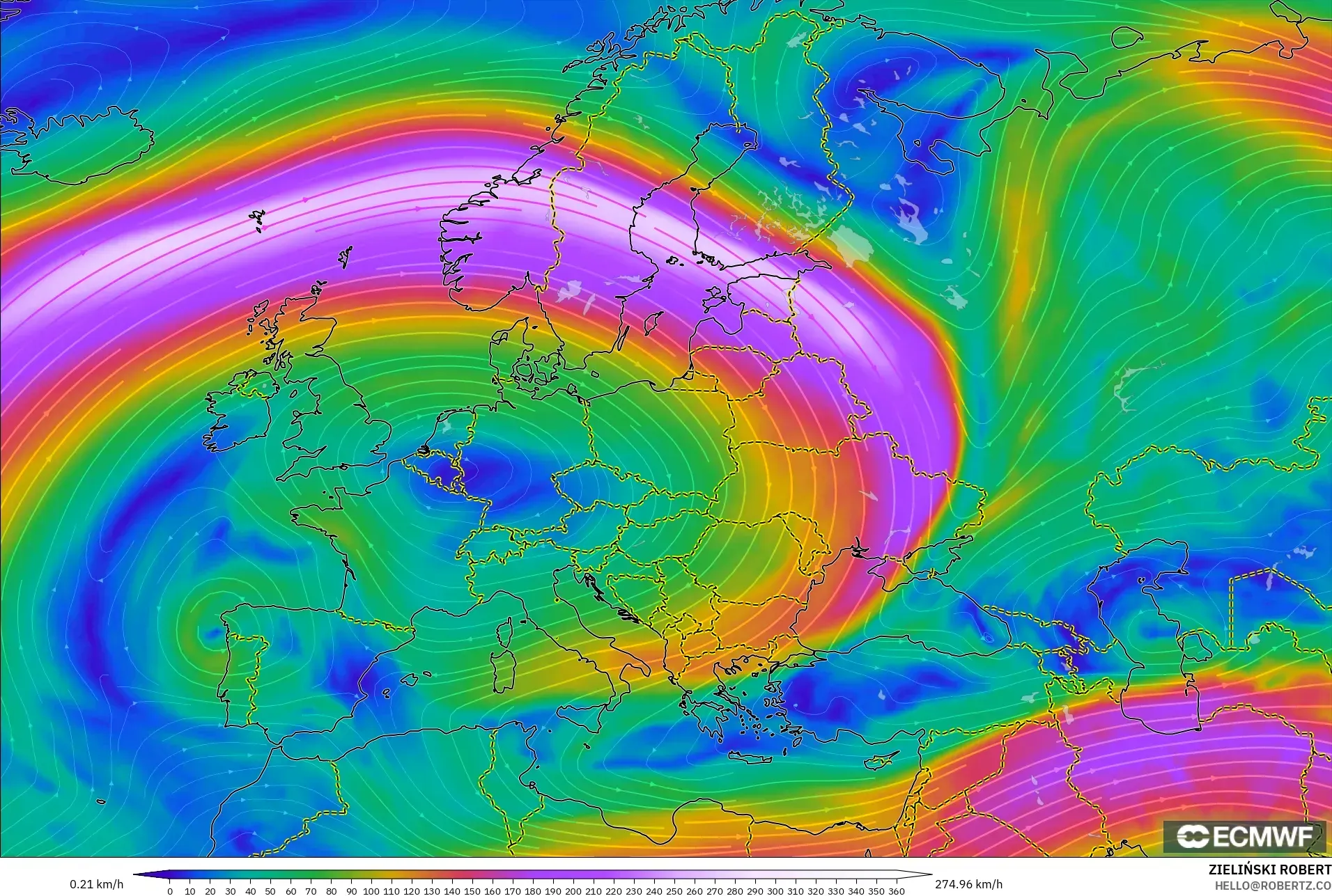 ECMWF IFS 0.25° モデル - ヨーロッパ, 風速（300hPa）