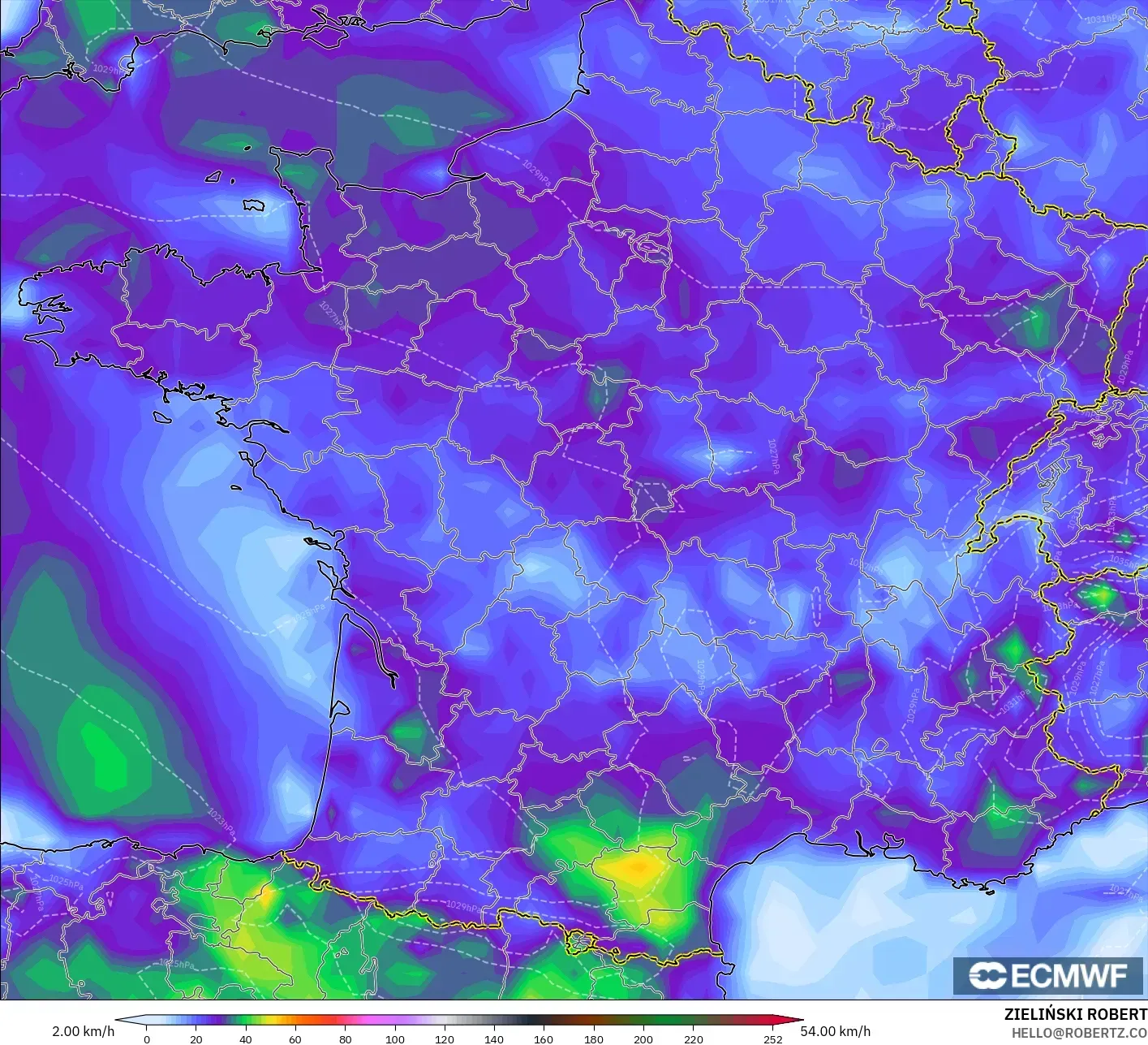 ECMWF IFS 0.25° モデル - フランス, 突風