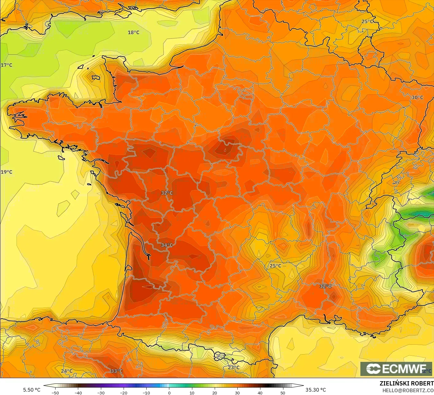 ECMWF IFS 0.25° モデル - フランス, 気温（2m）