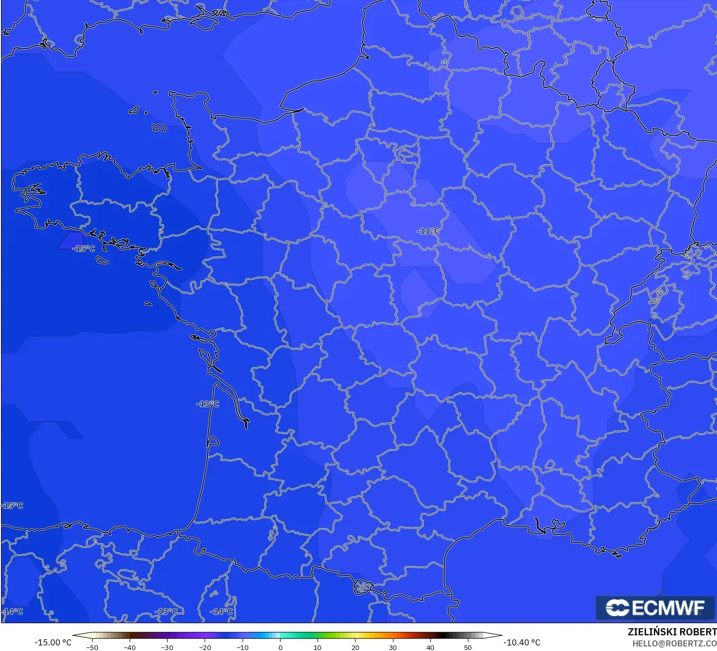 ECMWF IFS 0.25° モデル - フランス, 気温（500hPa）