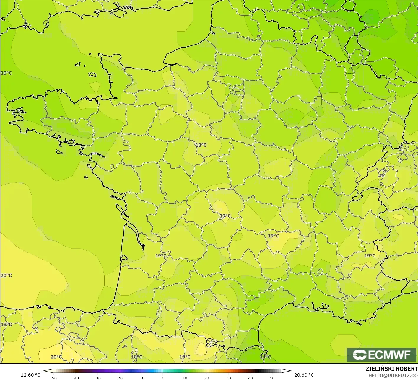 ECMWF IFS 0.25° モデル - フランス, 気温（850hPa）