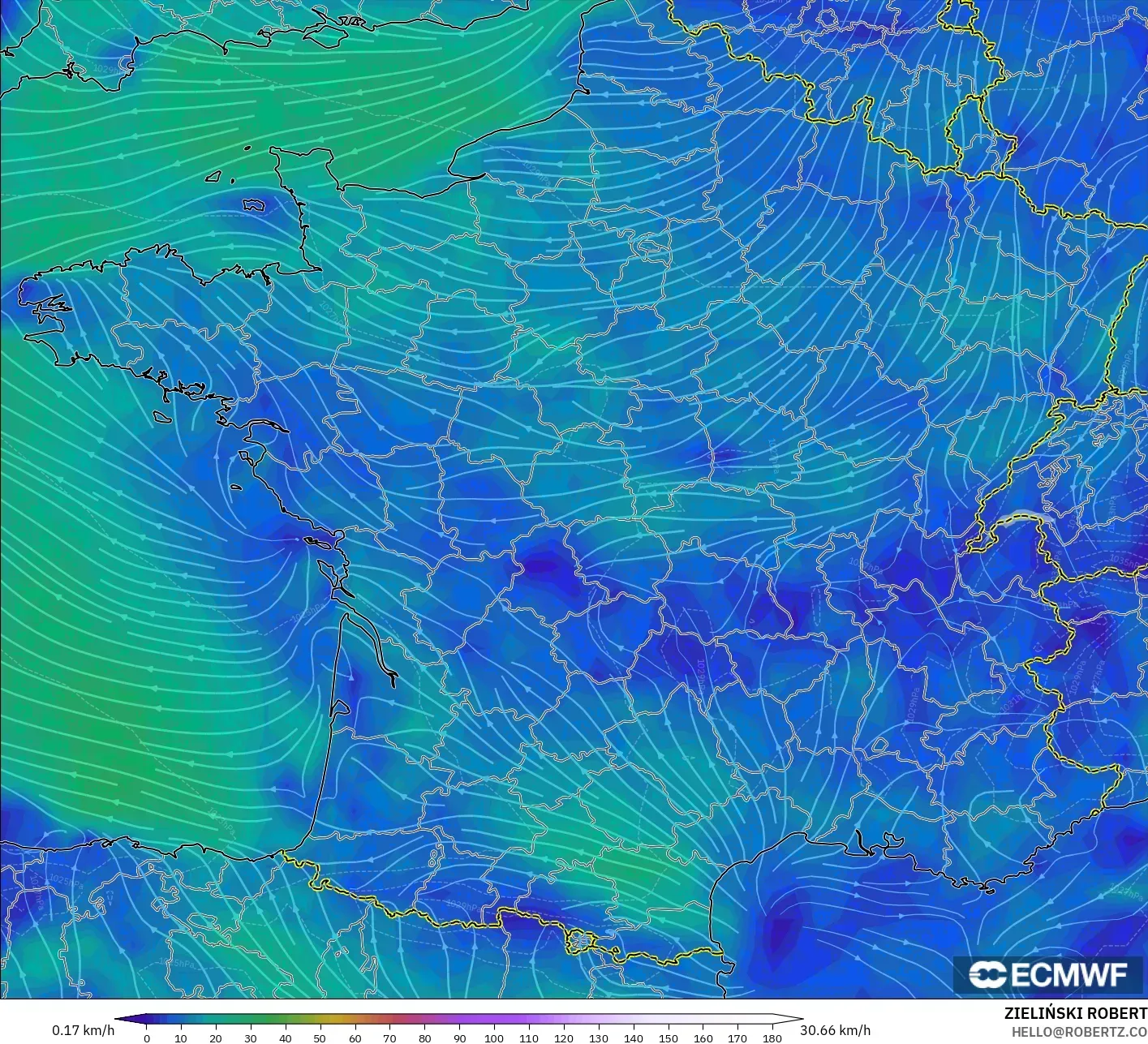 ECMWF IFS 0.25° モデル - フランス, 風速（10m）