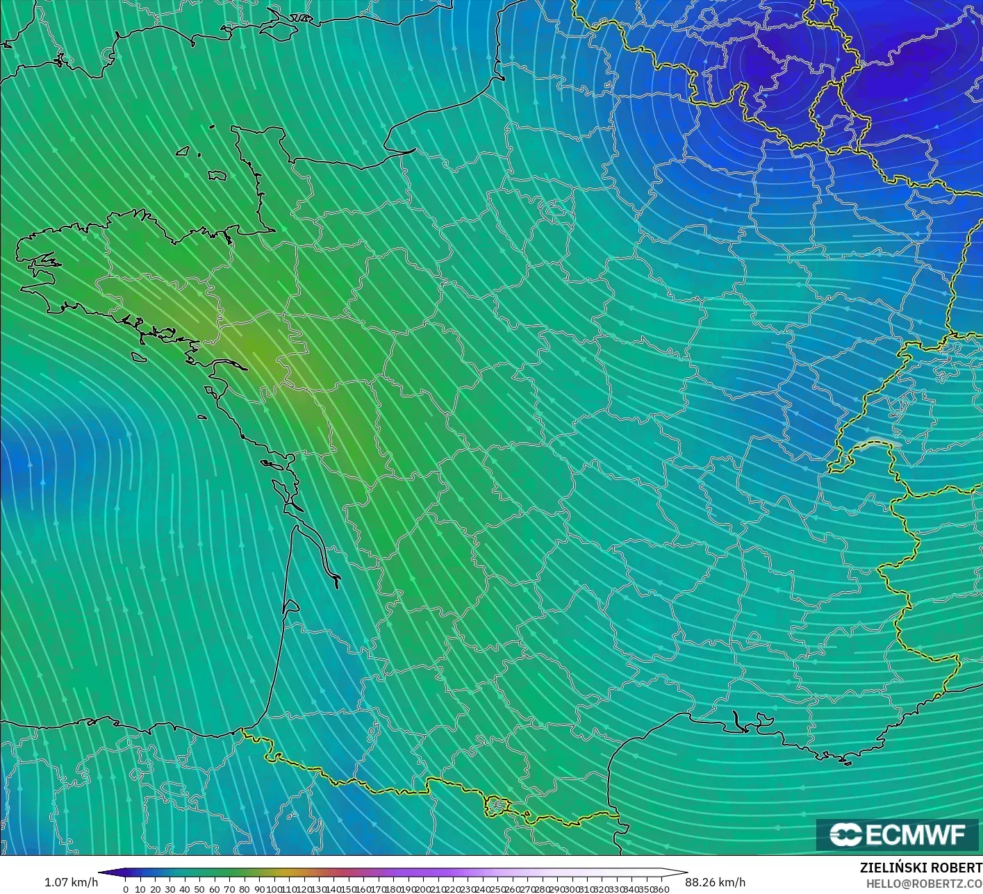 ECMWF IFS 0.25° モデル - フランス, 風速（300hPa）