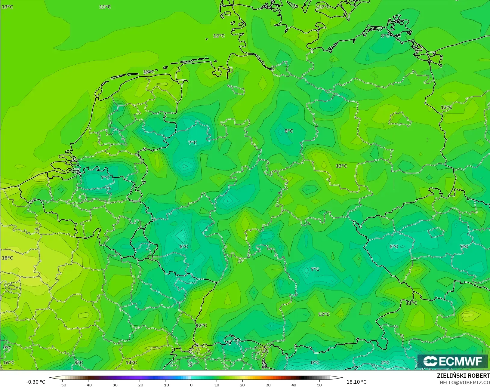 ECMWF IFS 0.25° モデル - ドイツ, 露点温度（2m）