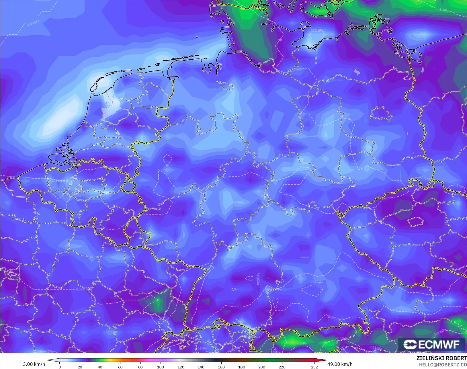 ECMWF IFS 0.25° モデル - ドイツ, 突風（最大）