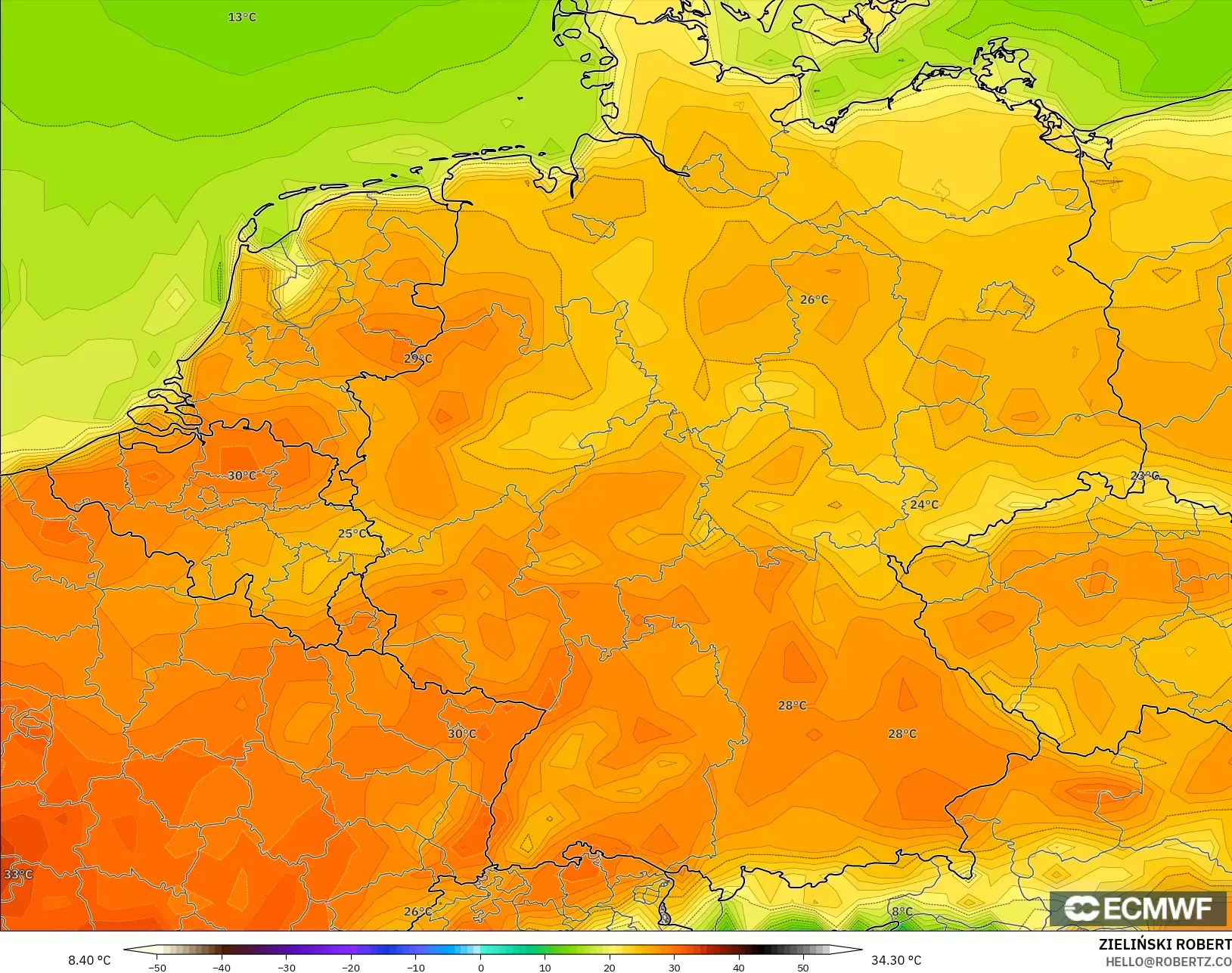 ECMWF IFS 0.25° モデル - ドイツ, 気温（2m）