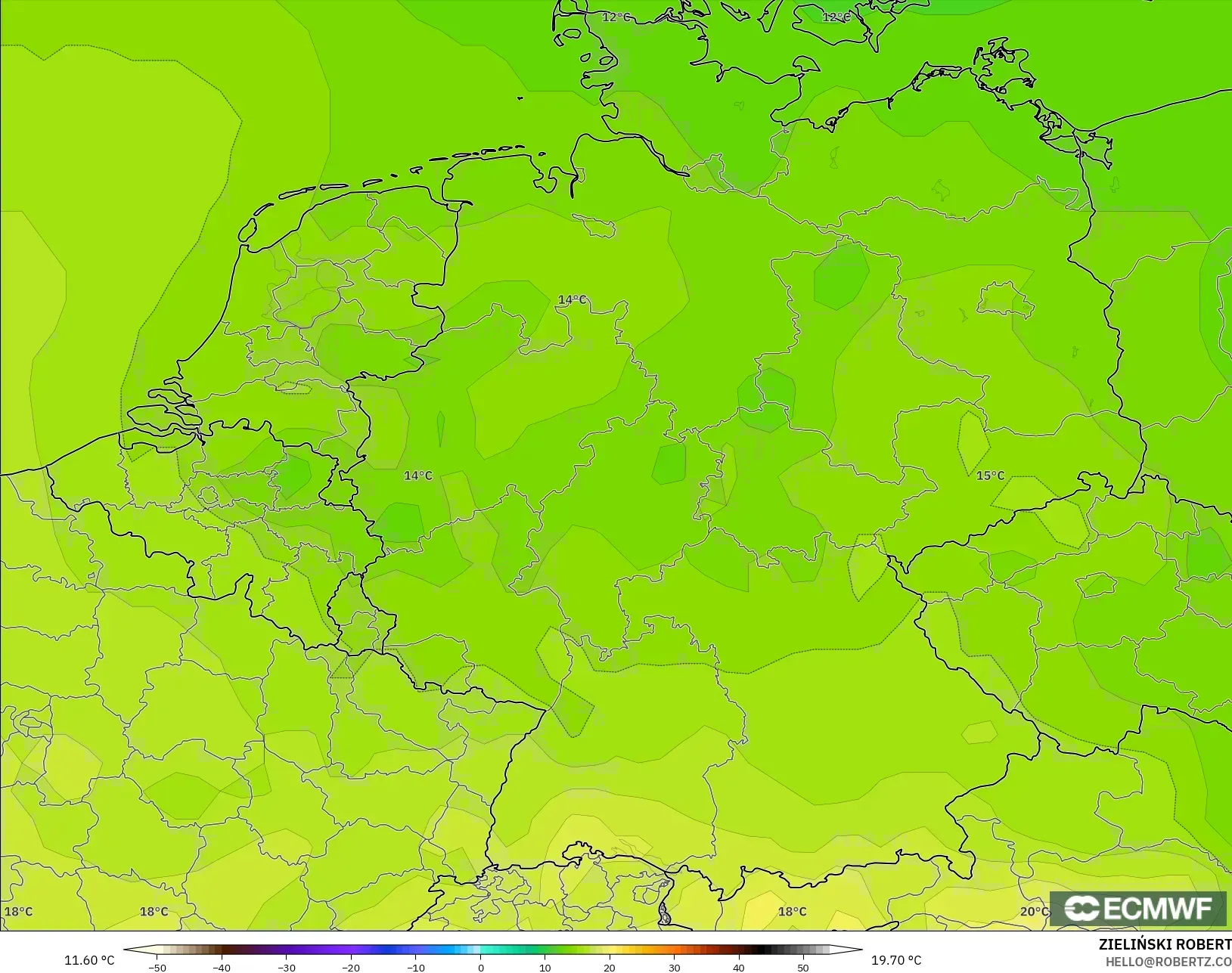 ECMWF IFS 0.25° モデル - ドイツ, 気温（850hPa）