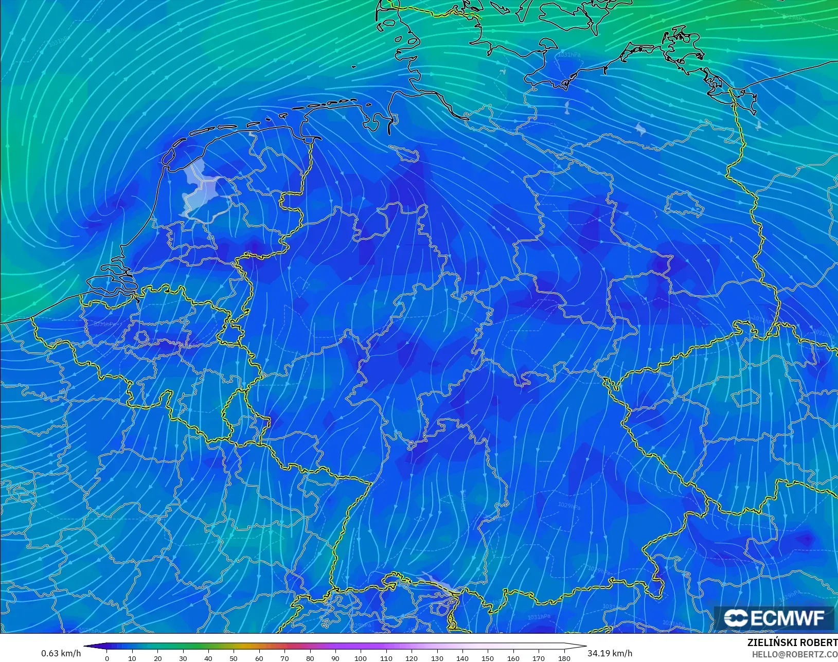 ECMWF IFS 0.25° モデル - ドイツ, 風速（10m）