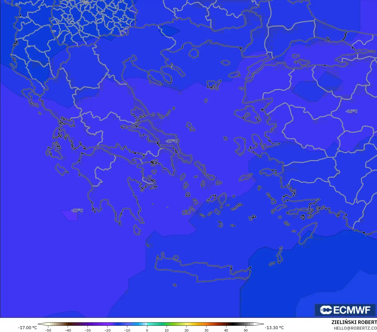 ECMWF IFS 0.25° モデル - ギリシャ, 気温（500hPa）