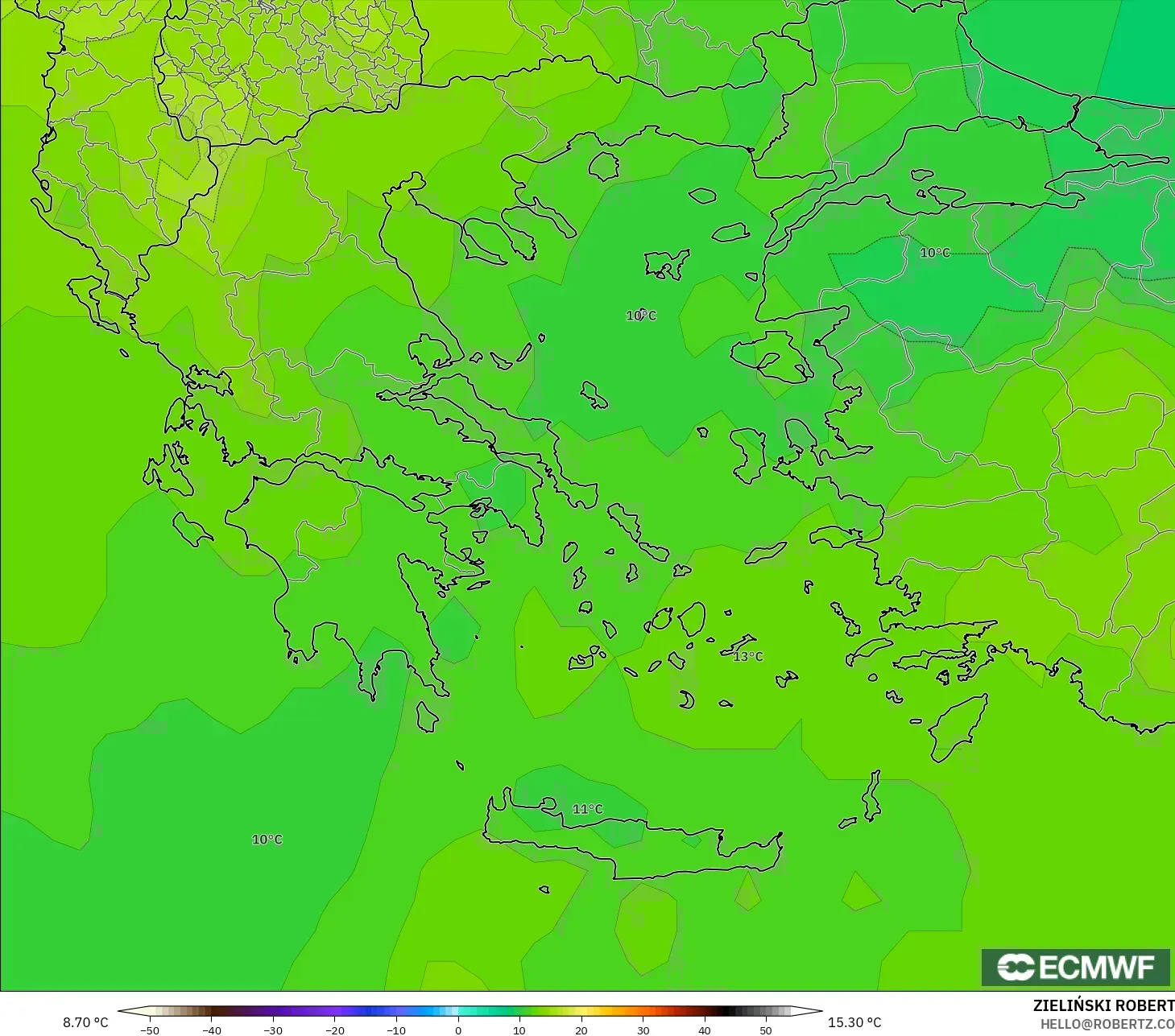 ECMWF IFS 0.25° モデル - ギリシャ, 気温（850hPa）
