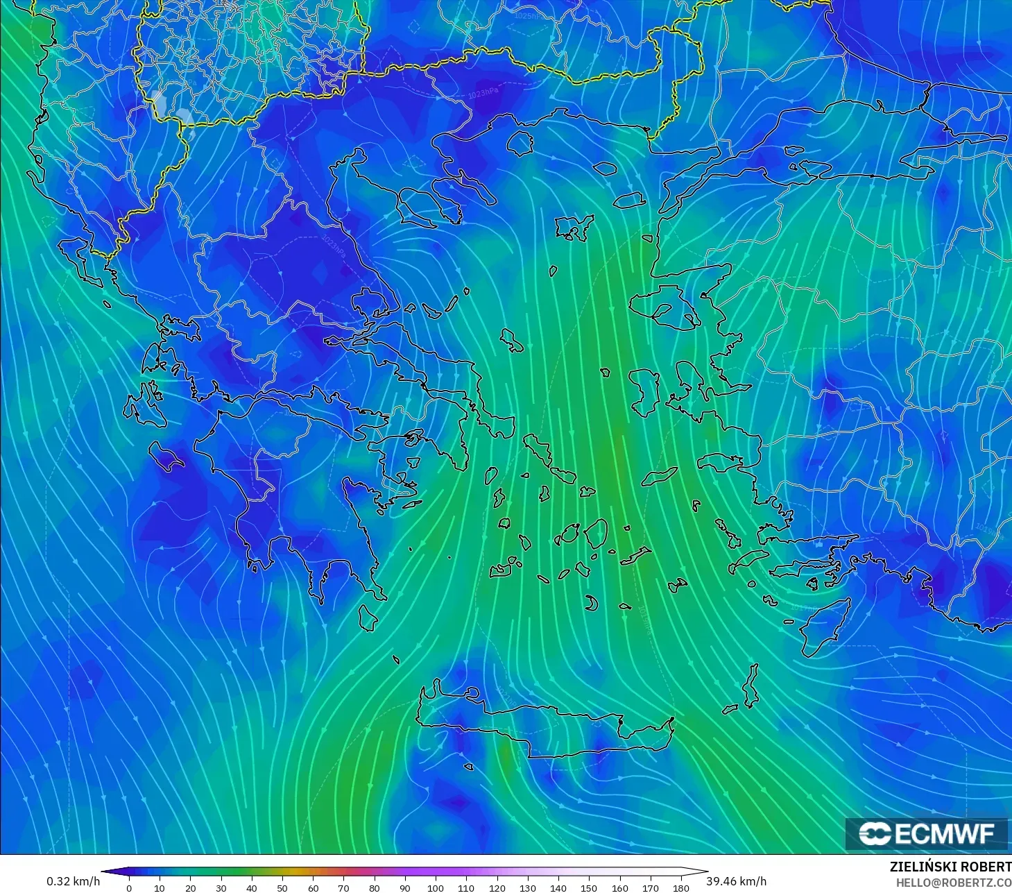 ECMWF IFS 0.25° モデル - ギリシャ, 風速（10m）