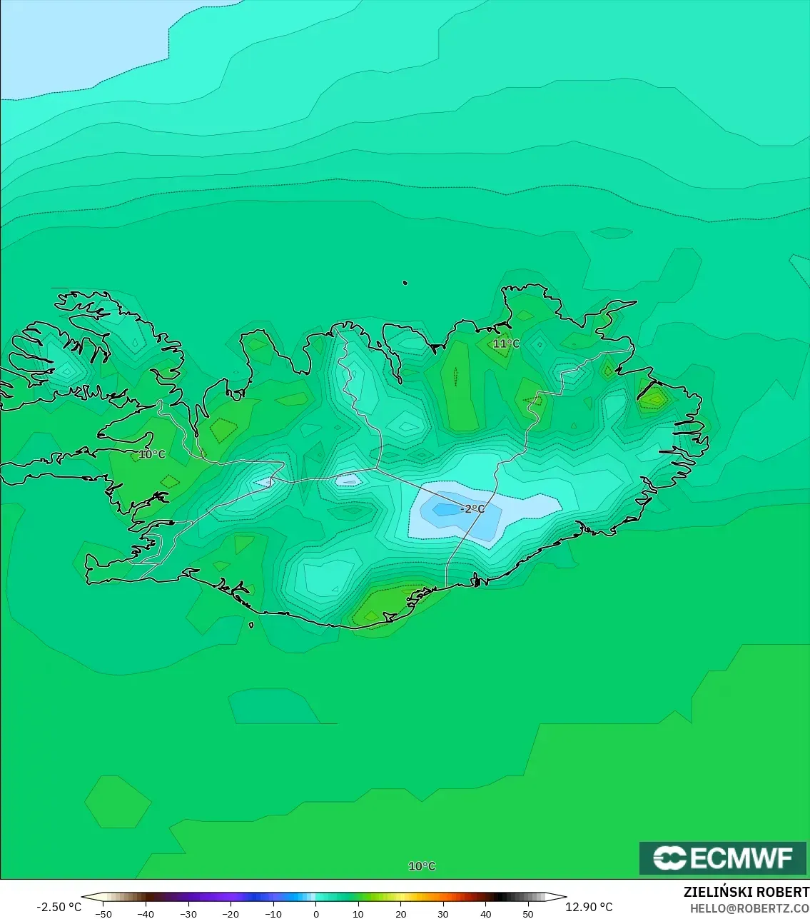 ECMWF IFS 0.25° モデル - アイスランド, 気温（2m）