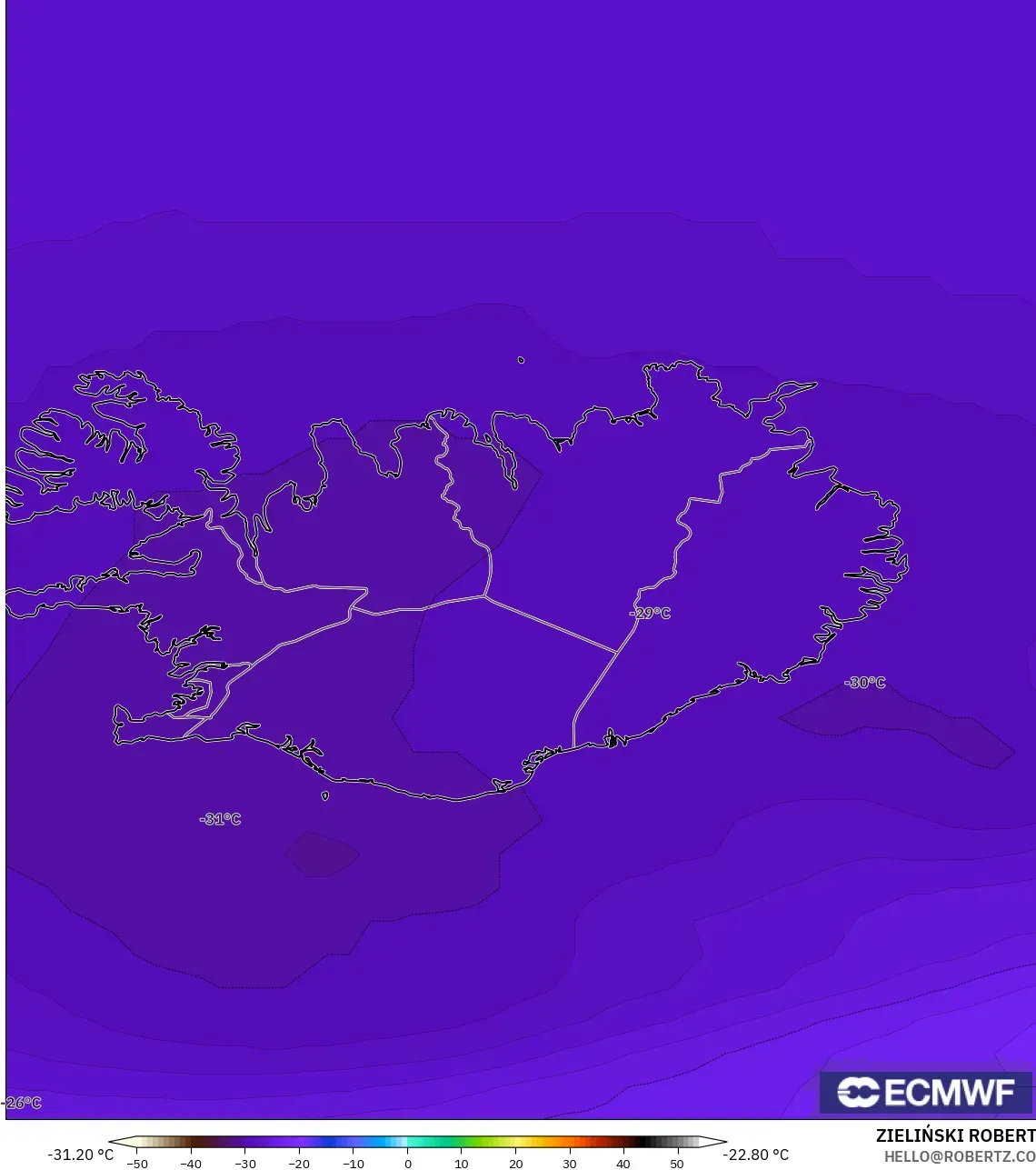ECMWF IFS 0.25° モデル - アイスランド, 気温（500hPa）