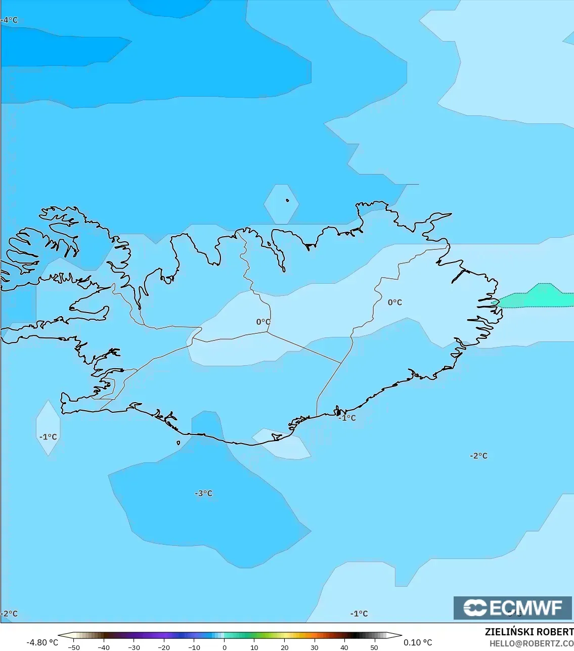 ECMWF IFS 0.25° モデル - アイスランド, 気温（850hPa）