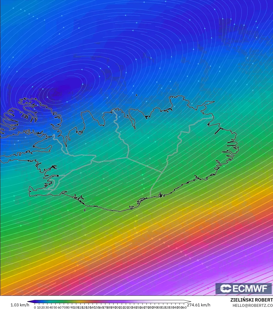 ECMWF IFS 0.25° モデル - アイスランド, 風速（300hPa）