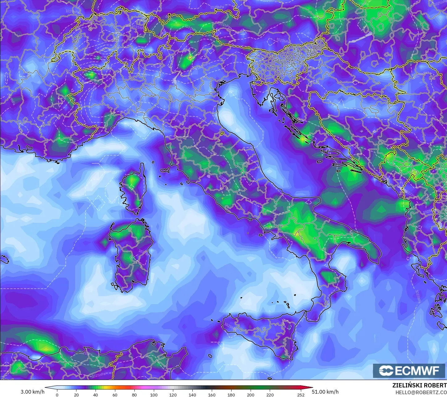 ECMWF IFS 0.25° モデル - イタリア, 突風