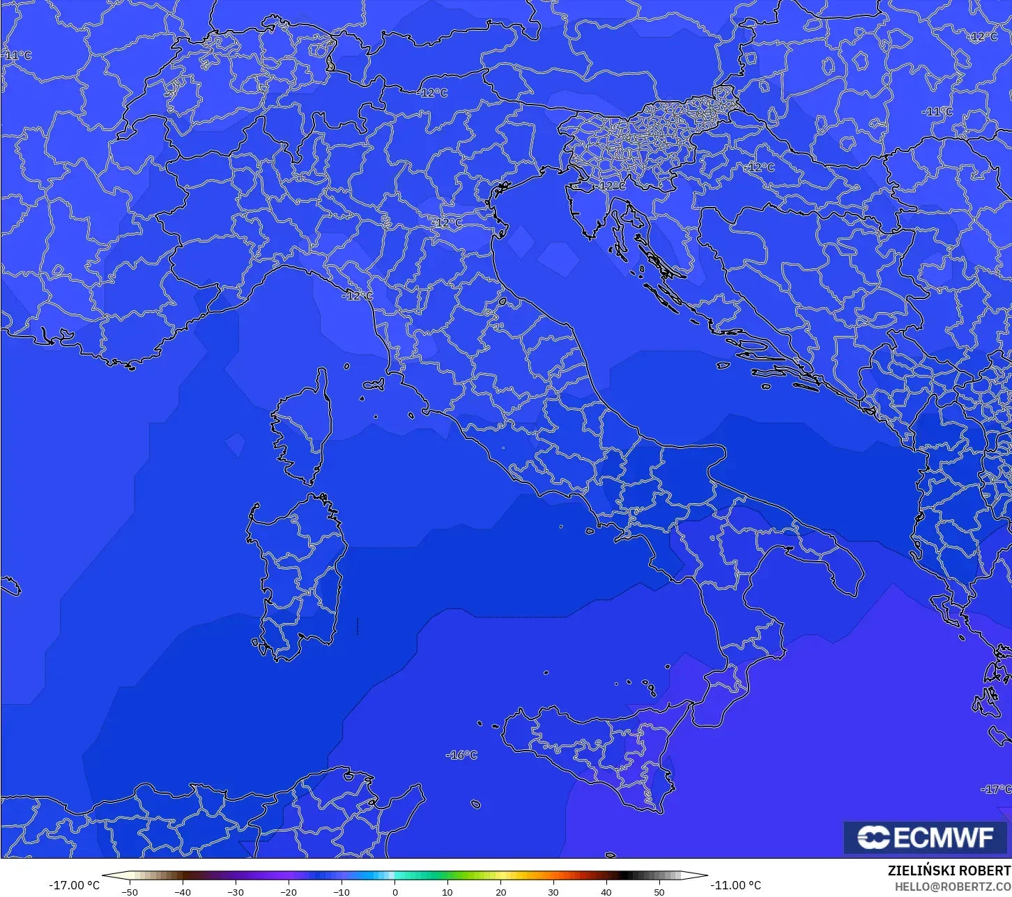 ECMWF IFS 0.25° モデル - イタリア, 気温（500hPa）
