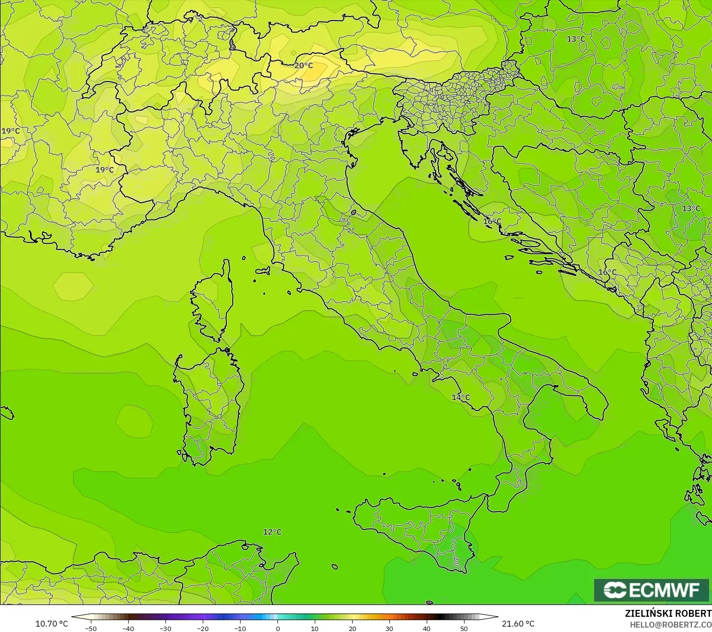 ECMWF IFS 0.25° モデル - イタリア, 気温（850hPa）
