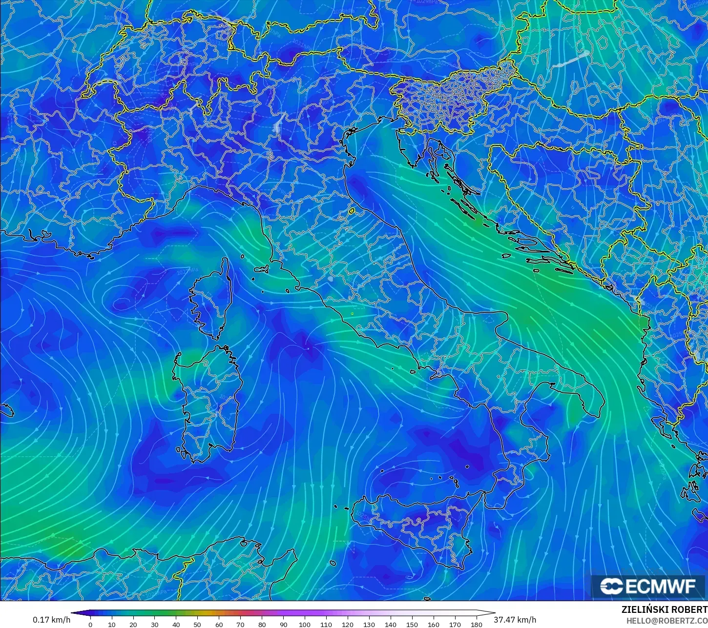 ECMWF IFS 0.25° モデル - イタリア, 風速（10m）