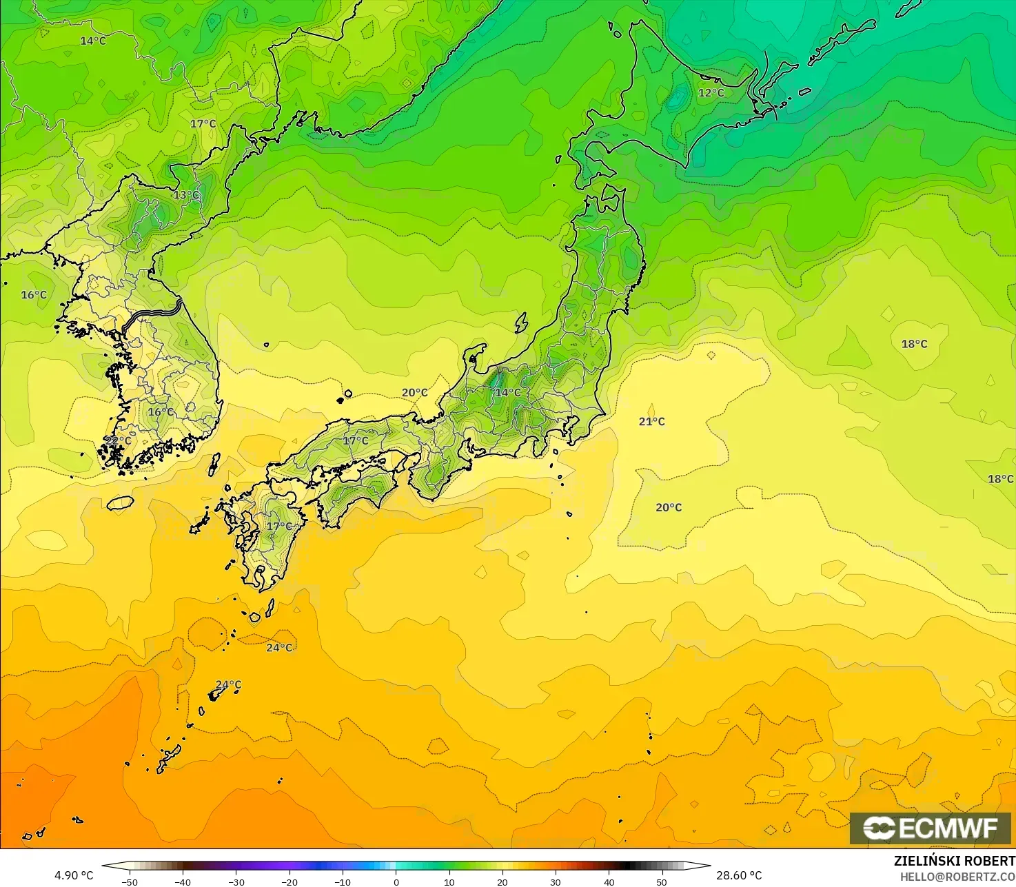 ECMWF IFS 0.25° モデル - 日本, 気温（2m）