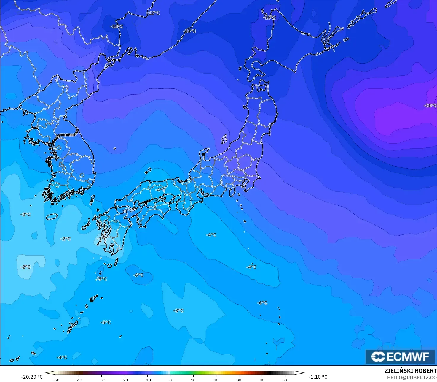 ECMWF IFS 0.25° モデル - 日本, 気温（500hPa）