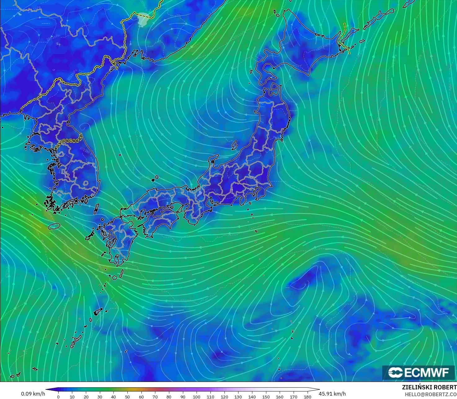 ECMWF IFS 0.25° モデル - 日本, 風速（10m）