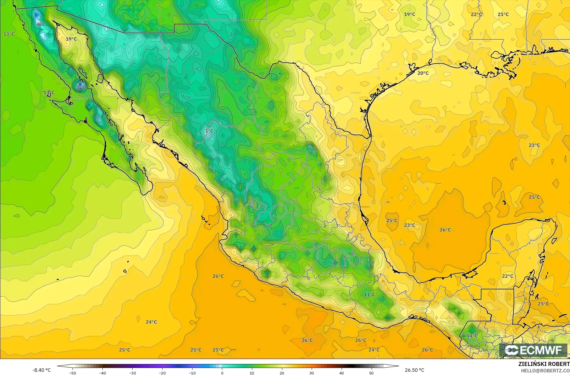 ECMWF IFS 0.25° モデル - メキシコ, 露点温度（2m）
