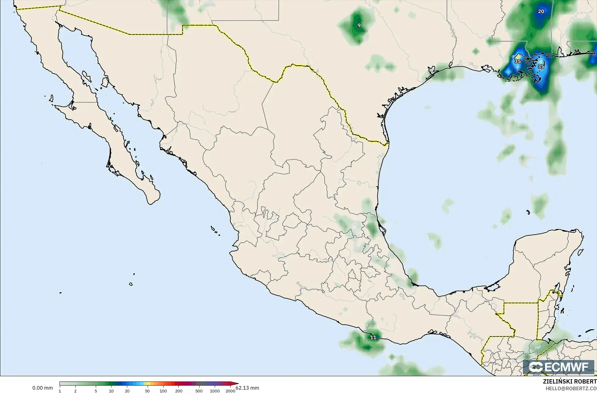 ECMWF IFS 0.25° モデル - メキシコ, 降水量の合計