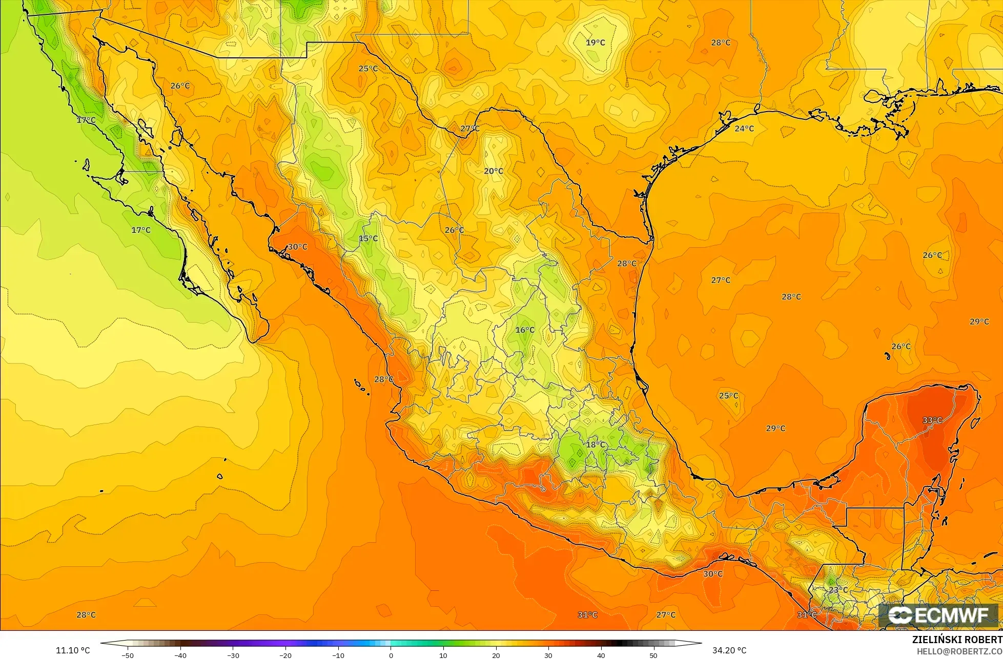 ECMWF IFS 0.25° モデル - メキシコ, 気温（2m）