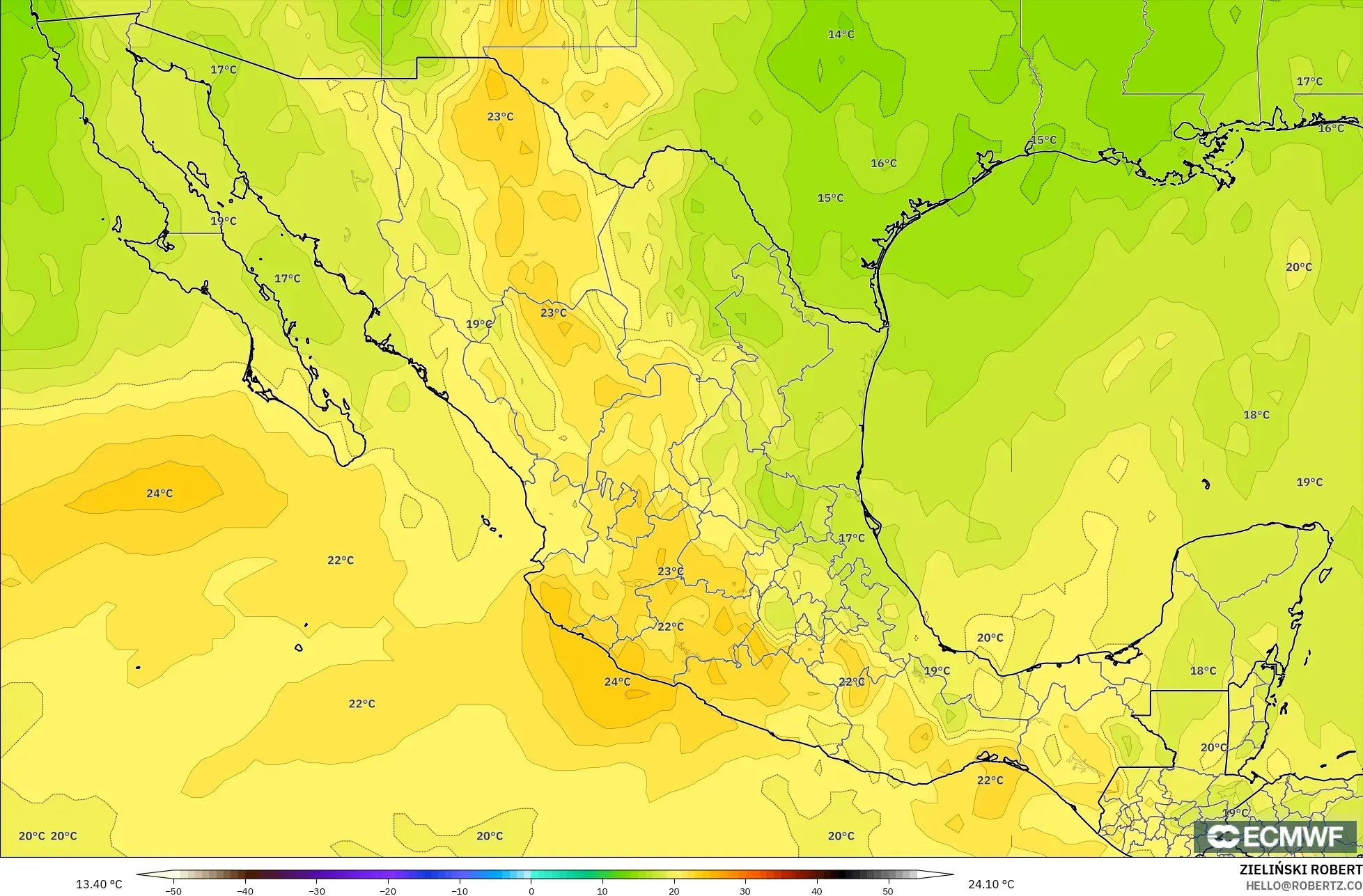 ECMWF IFS 0.25° モデル - メキシコ, 気温（850hPa）
