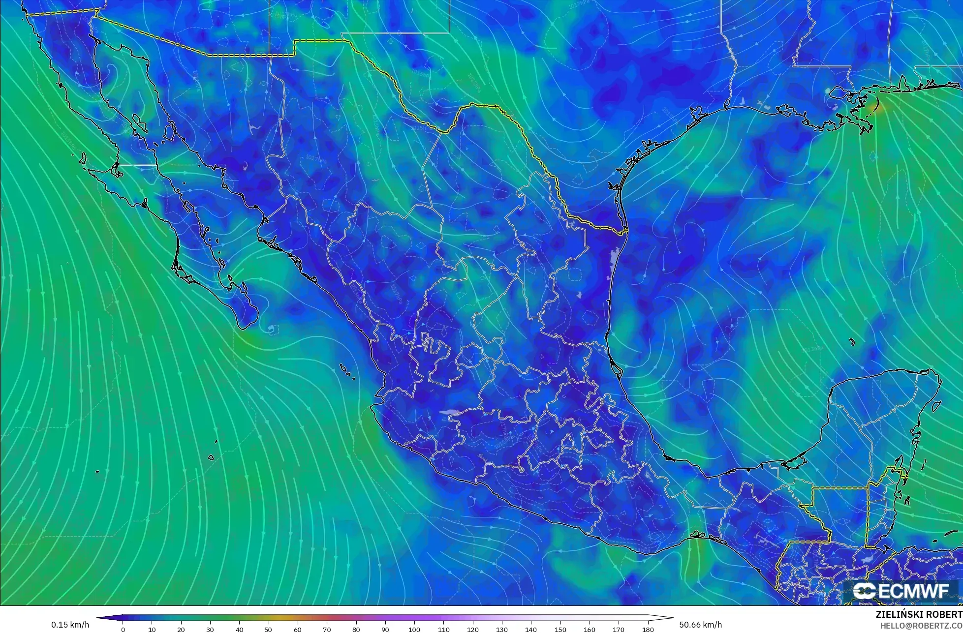 ECMWF IFS 0.25° モデル - メキシコ, 風速（10m）