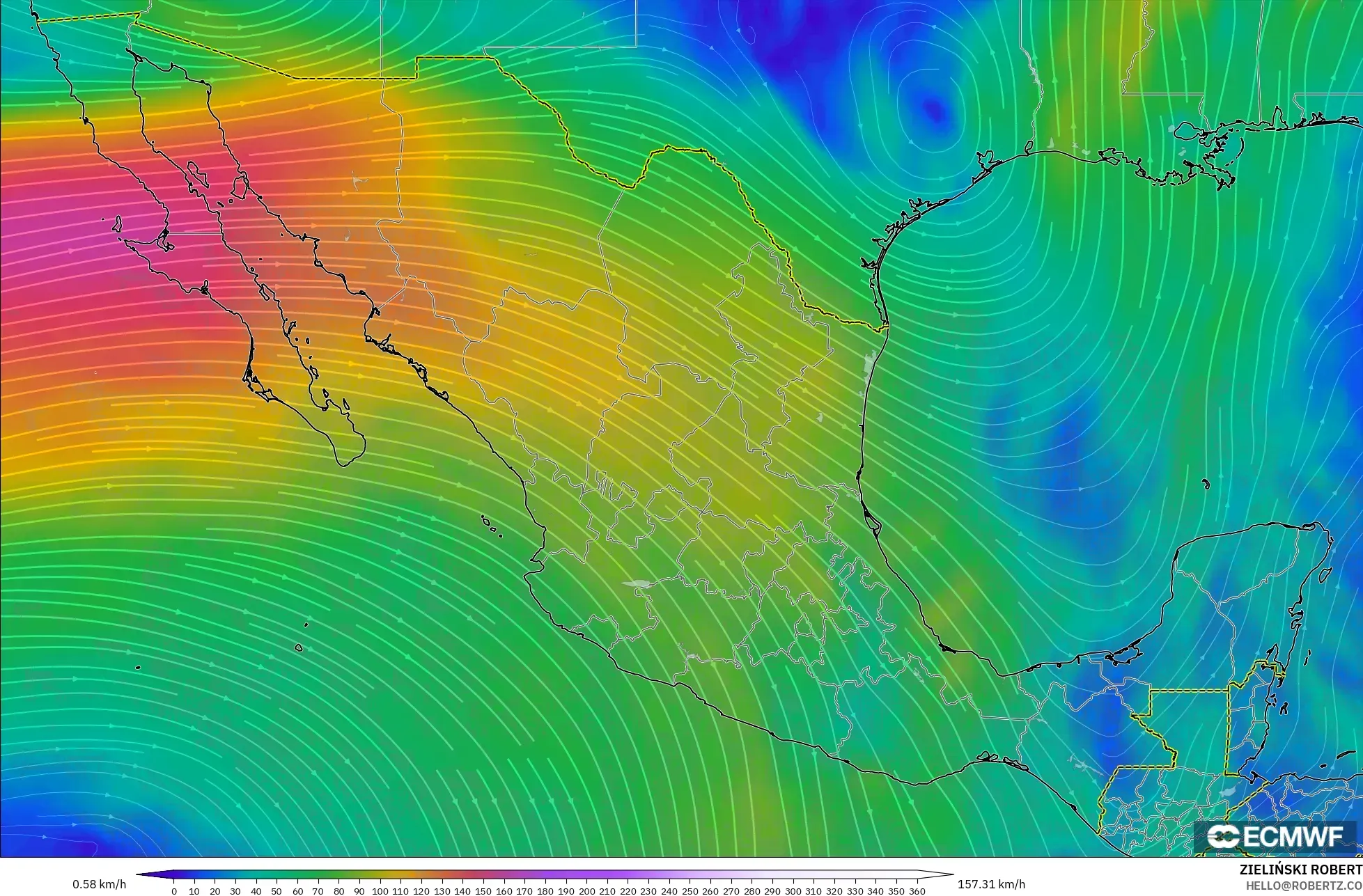 ECMWF IFS 0.25° モデル - メキシコ, 風速（300hPa）