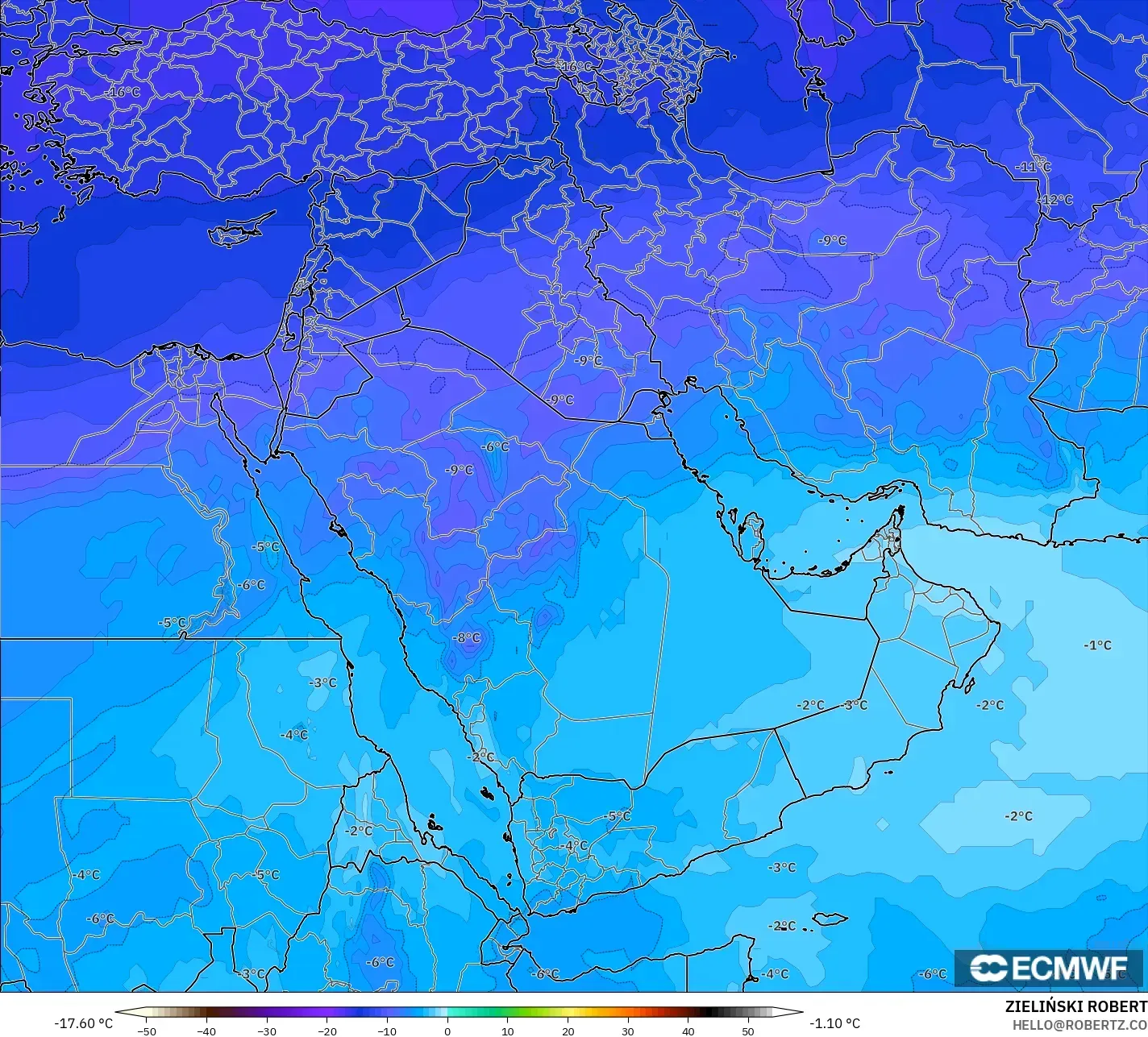 ECMWF IFS 0.25° モデル - 中東, 気温（500hPa）