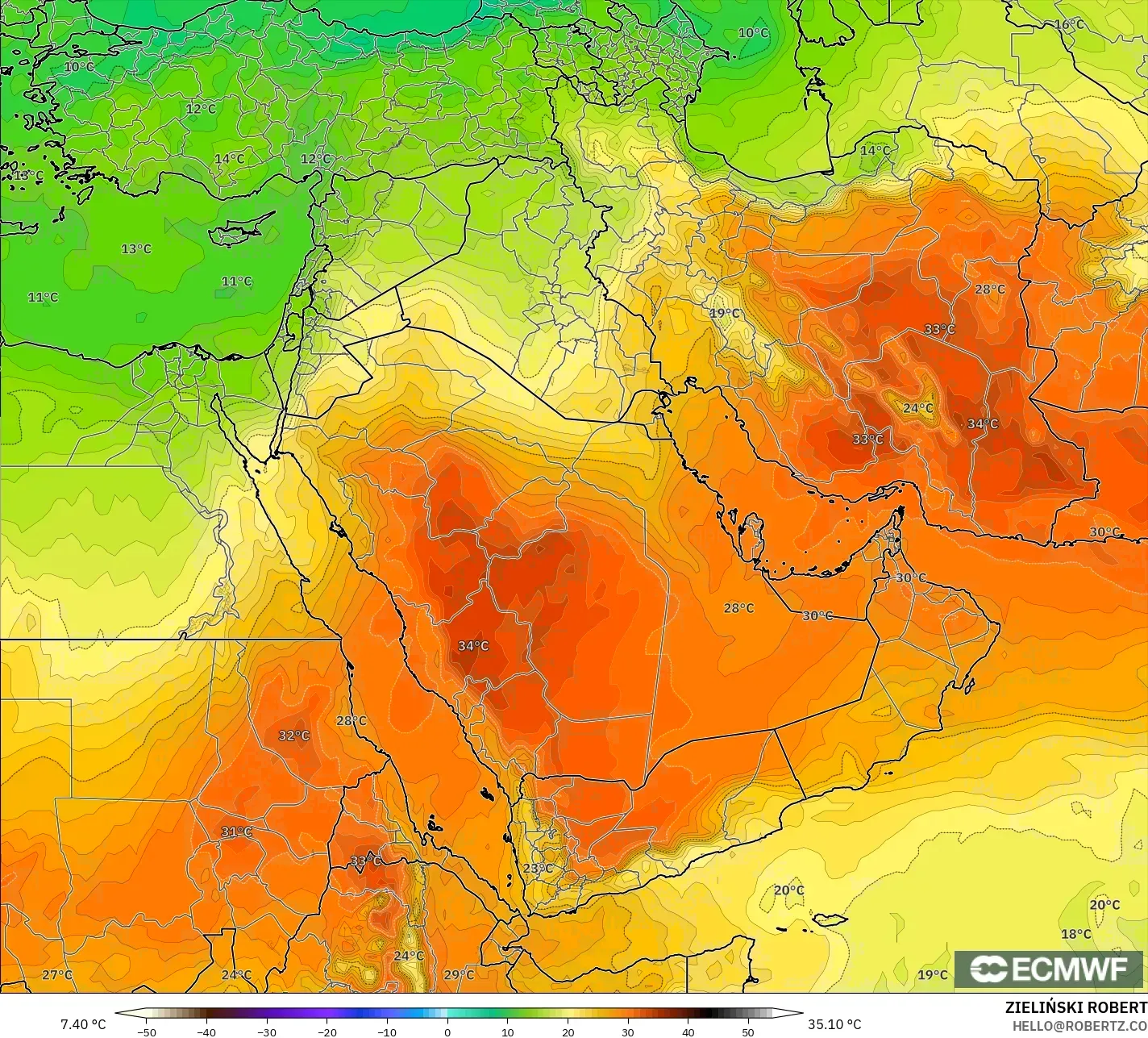 ECMWF IFS 0.25° モデル - 中東, 気温（850hPa）
