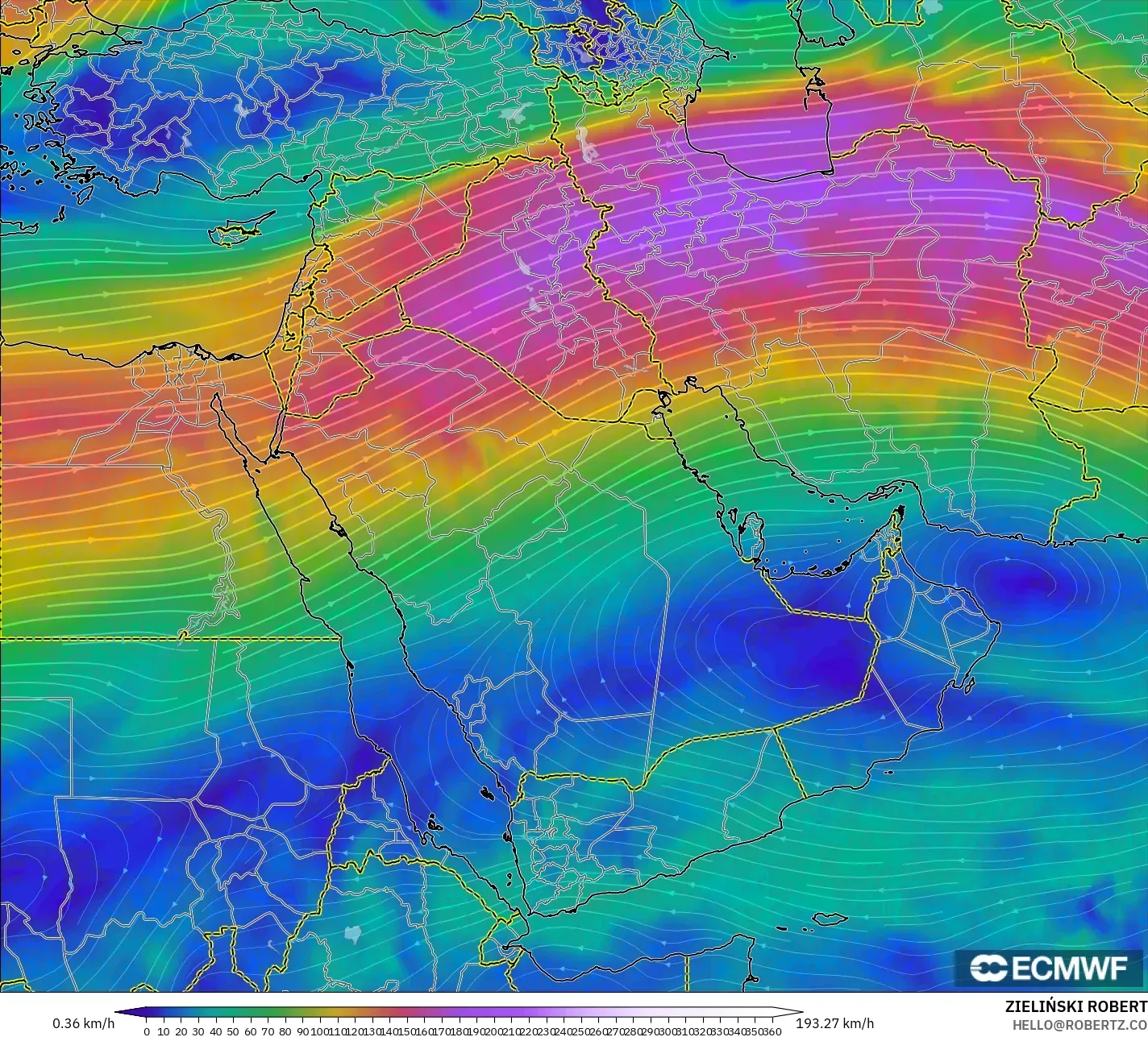 ECMWF IFS 0.25° モデル - 中東, 風速（300hPa）