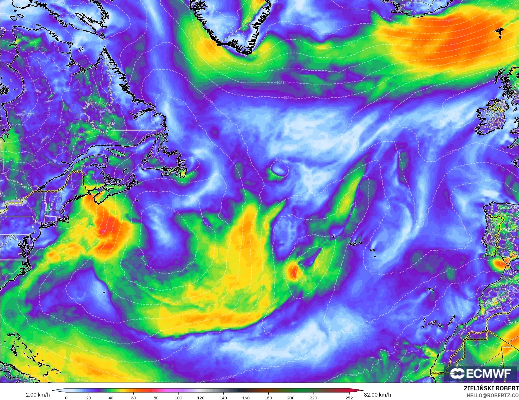 ECMWF IFS 0.25° モデル - 北大西洋, 突風