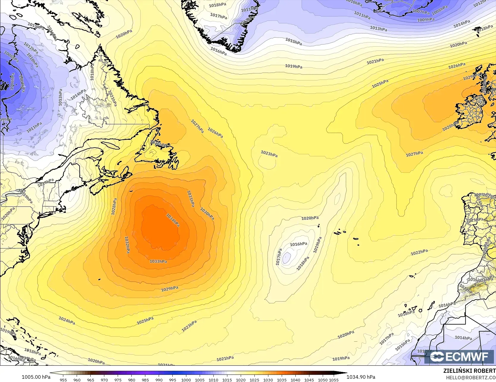 ECMWF IFS 0.25° モデル - 北大西洋, 気圧