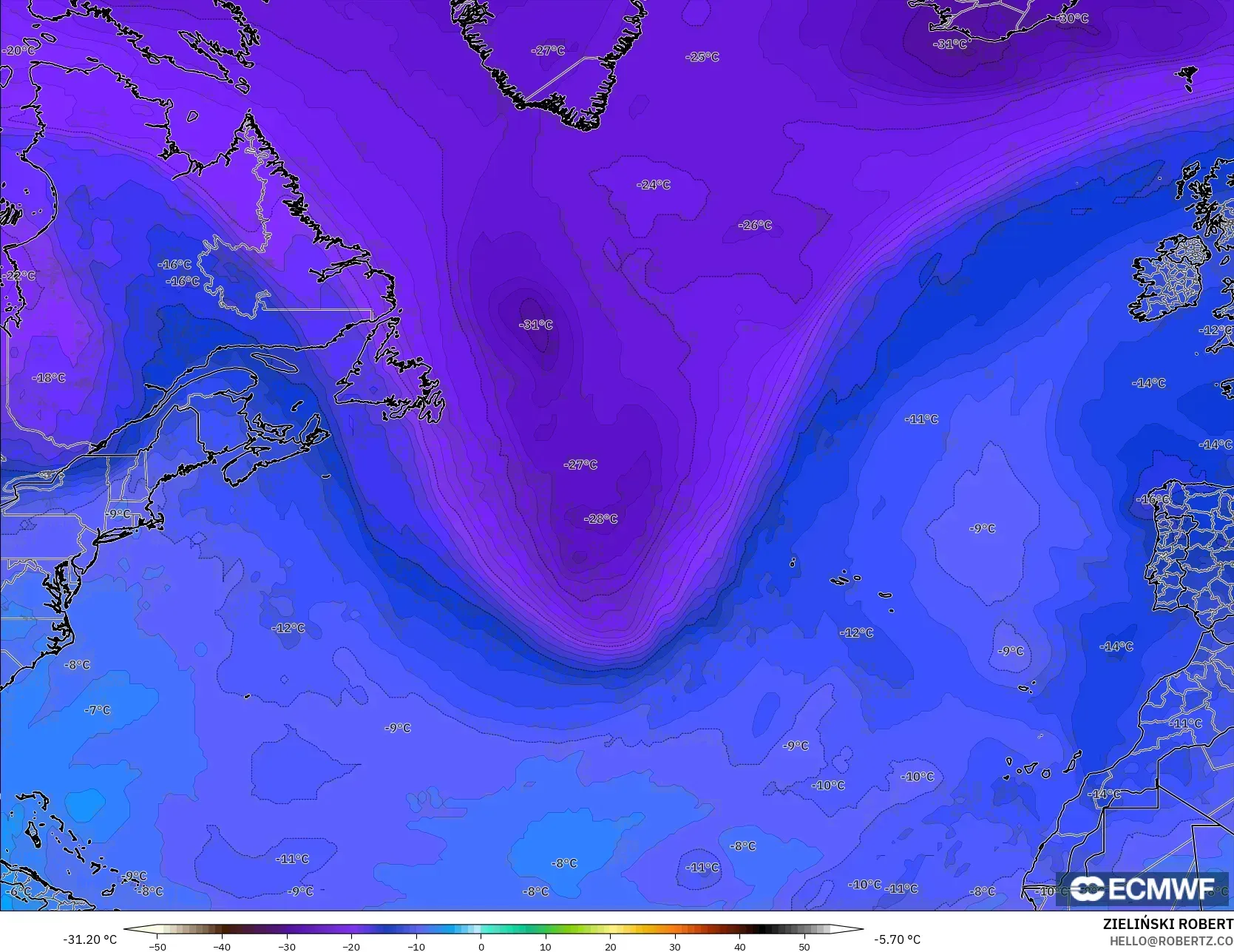 ECMWF IFS 0.25° モデル - 北大西洋, 気温（500hPa）
