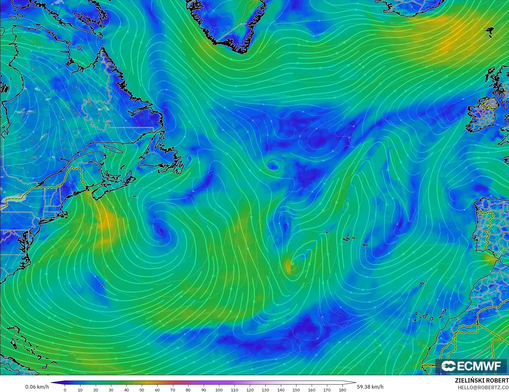 ECMWF IFS 0.25° モデル - 北大西洋, 風速（10m）
