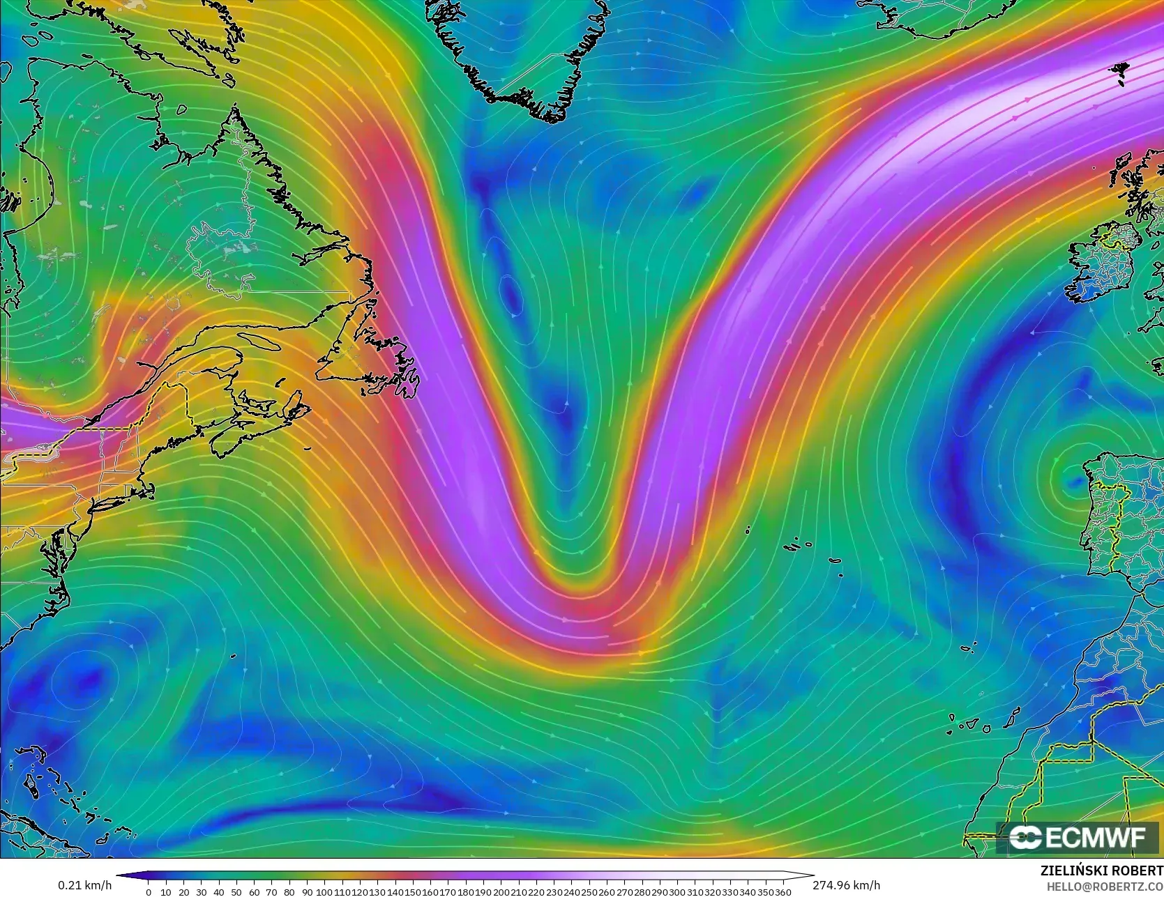 ECMWF IFS 0.25° モデル - 北大西洋, 風速（300hPa）