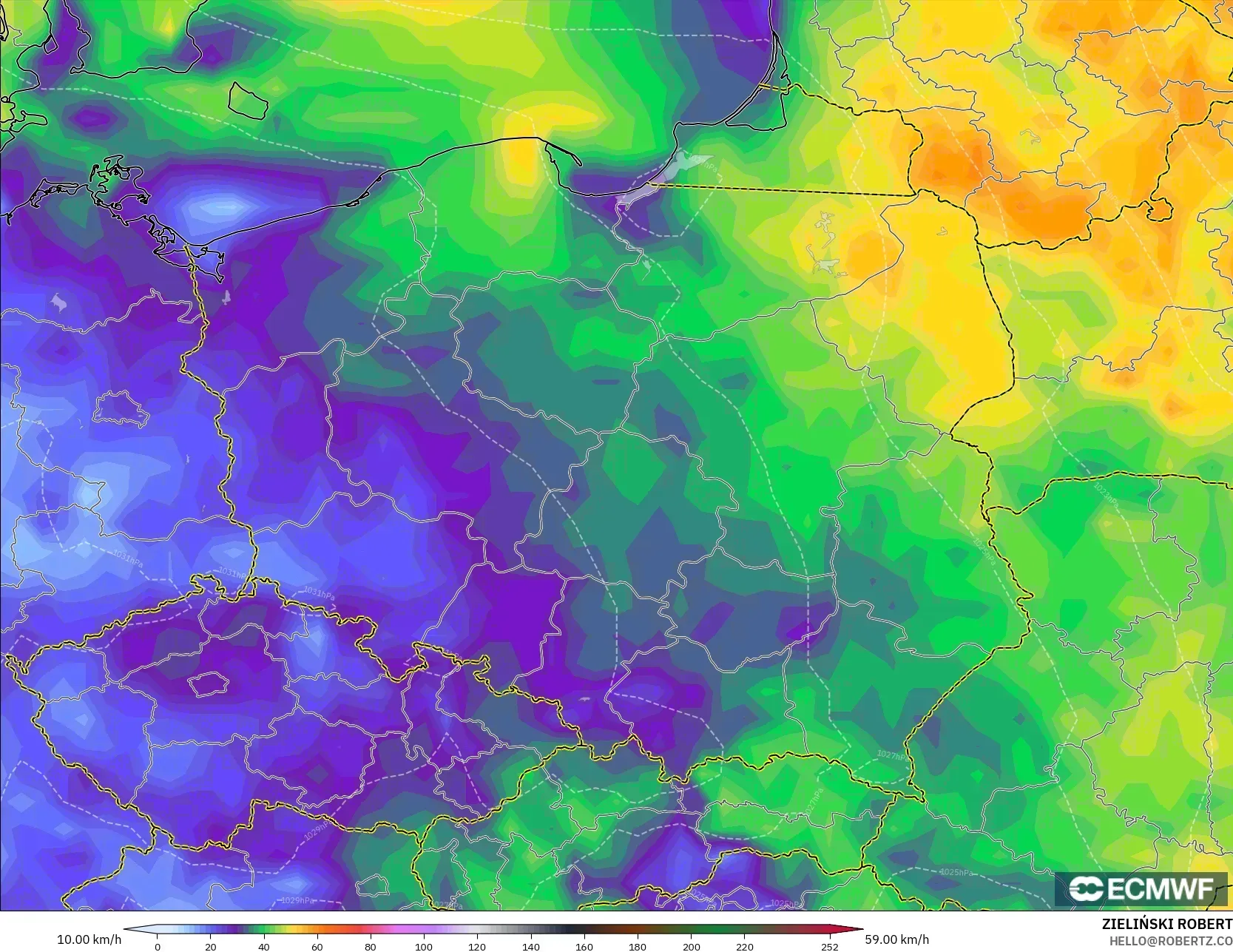 ECMWF IFS 0.25° モデル - ポーランド, 突風（最大）