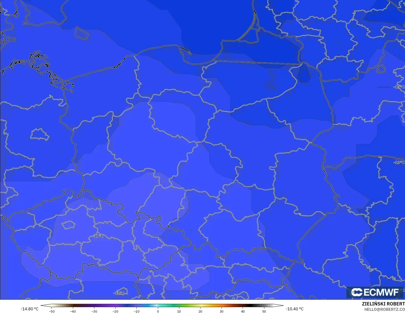 ECMWF IFS 0.25° モデル - ポーランド, 気温（500hPa）
