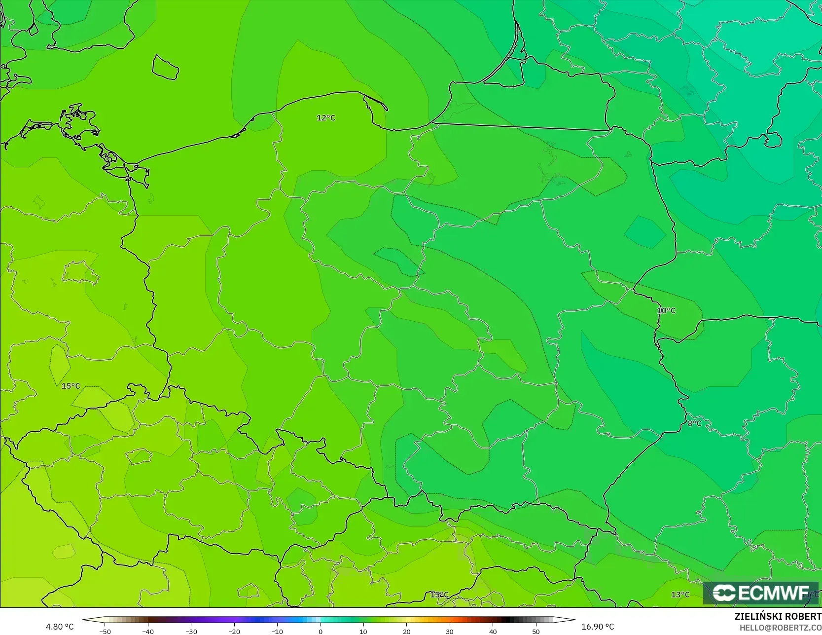 ECMWF IFS 0.25° モデル - ポーランド, 気温（850hPa）
