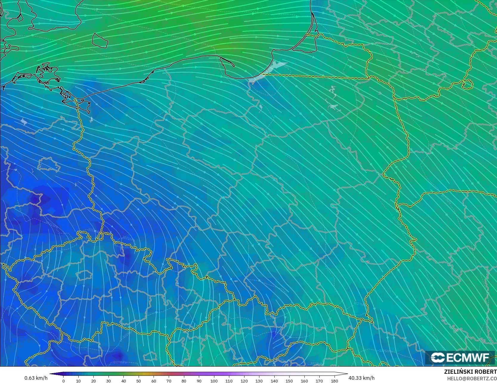ECMWF IFS 0.25° モデル - ポーランド, 風速（10m）